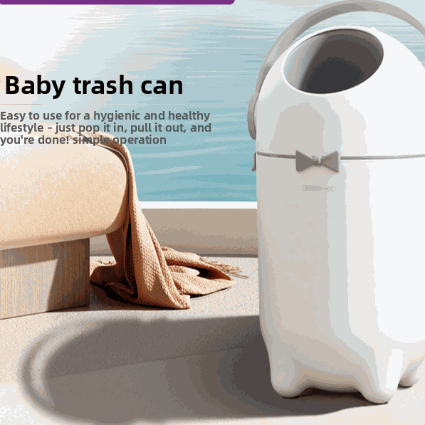 Baby Deodorant Diaper Disposal Pail in smooth white plastic, with a curved flip-top lid, top opening and bow-shaped front clasp.