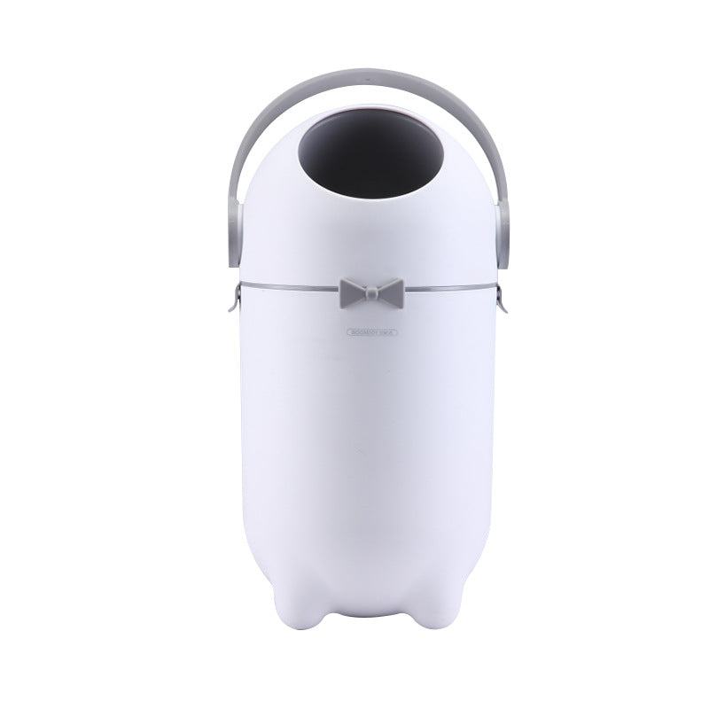 Baby Deodorant Diaper Disposal Pail, white plastic with a rounded body, gray arched handle and open circular top