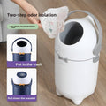 Baby Deodorant Diaper Disposal Pail in white plastic with a gray carry handle, open top and sealed lid shown separately.
