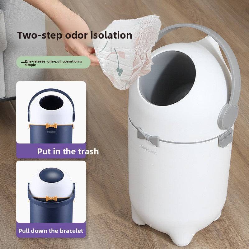 Baby Deodorant Diaper Disposal Pail in white plastic with a gray carry handle, open top and sealed lid shown separately.