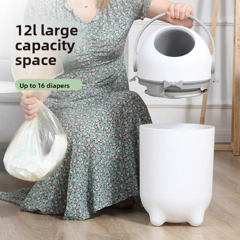 Baby Deodorant Diaper Disposal Pail, white plastic with a rounded body and a removable flip-top lid with handle