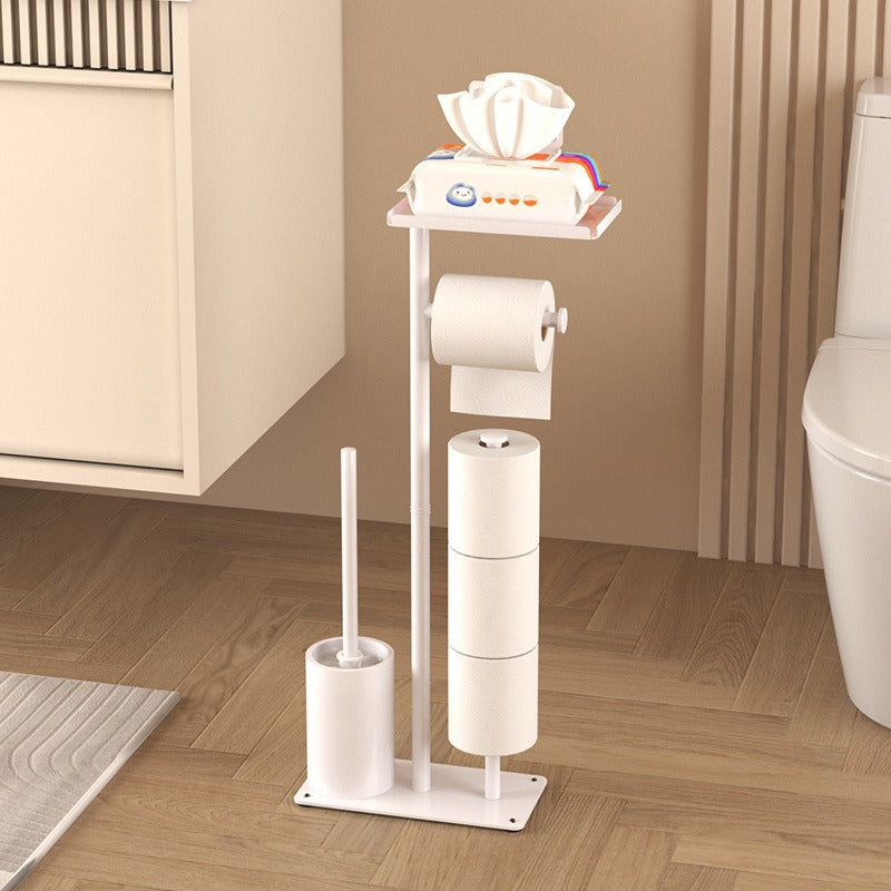 Bathroom Floor-Standing Tissue Holder in white metal with a flat base, toilet roll arm, brush holder, and top shelf.