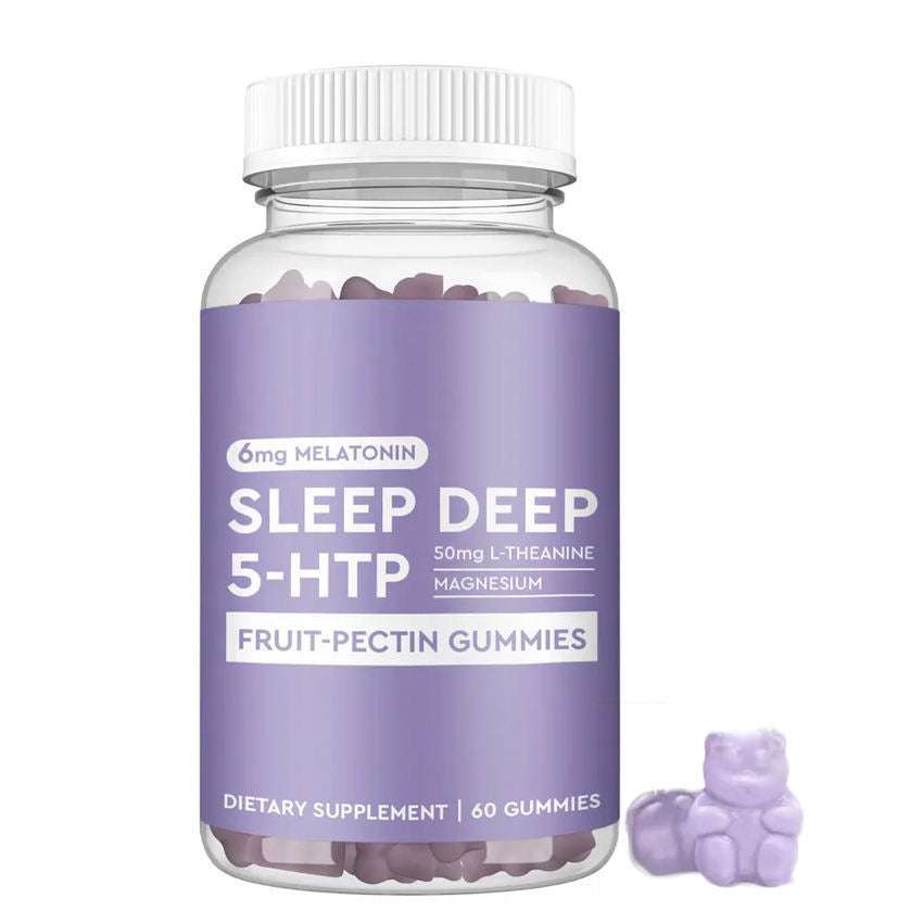 Bear Shape Sleep Vitamins in purple bear-shaped fruit-pectin gummies, shown beside a clear bottle with a purple sleep supplement label