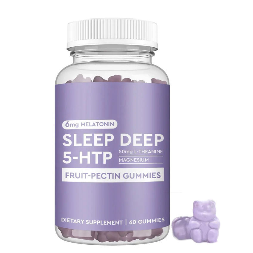Sleep gummy supplement, Bear Shape Sleep Vitamins in a clear bottle with a purple label and lavender bear-shaped gummies