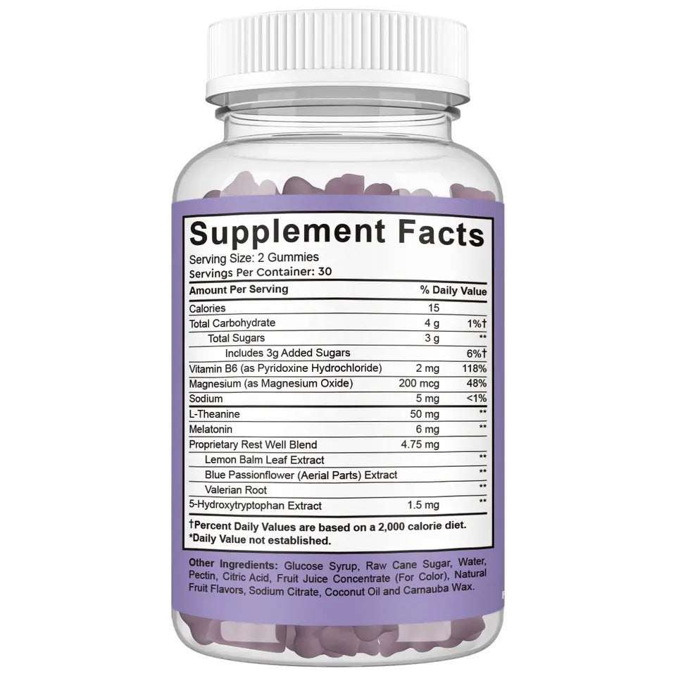 Bear Shape Sleep Vitamins in a clear plastic bottle with a white ribbed cap, purple label, and bear-shaped gummies
