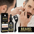 Beard Care growth serum set with black dropper bottle, matching box, metal microneedle roller, and beard grooming graphic