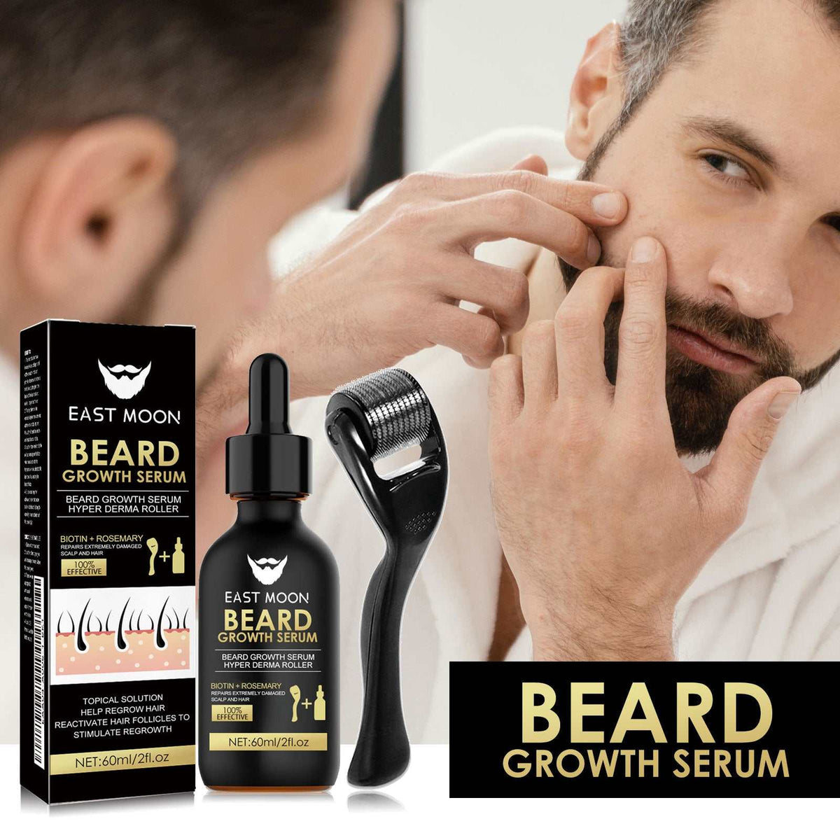 Beard Care growth serum set with black dropper bottle, matching box, metal microneedle roller, and beard grooming graphic