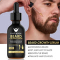 Beard Care growth serum in a black 60 ml dropper bottle, shown applied to a man's brown beard