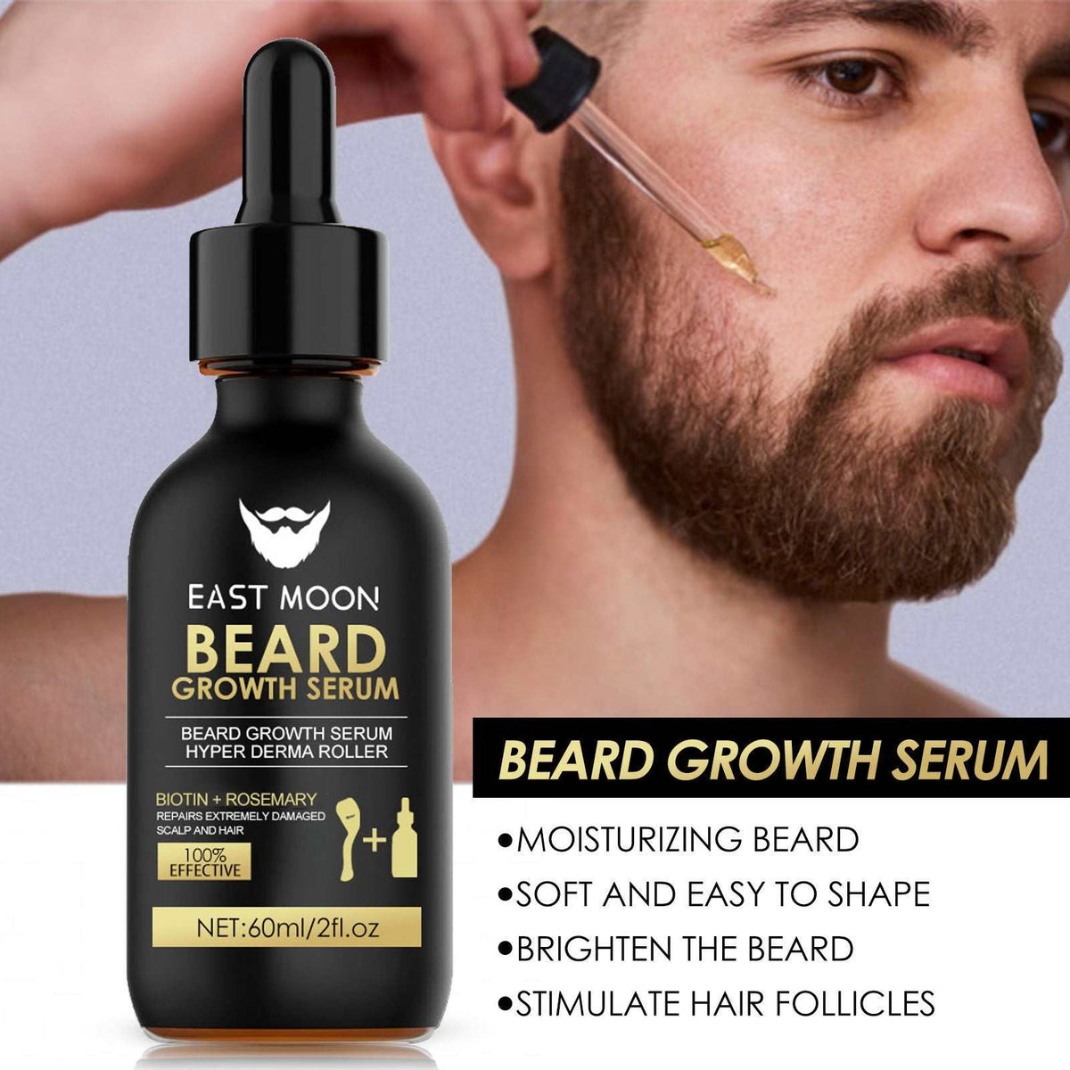 Beard Care growth serum in a black 60 ml dropper bottle, shown applied to a man's brown beard