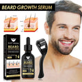 Beard Care growth serum set with a black 60 ml dropper bottle, matching box and black metal facial roller