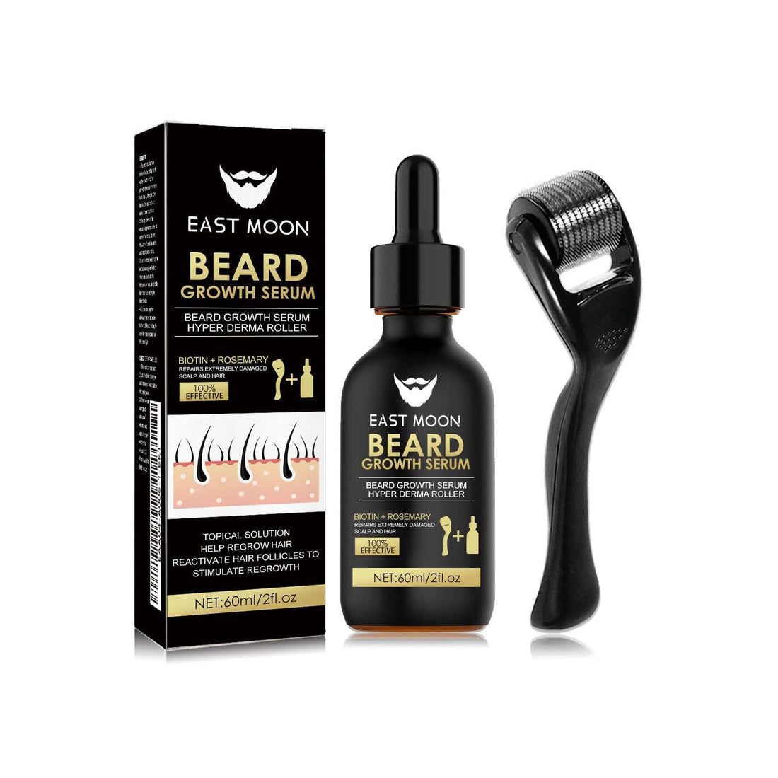 Beard Care serum set with black dropper bottle, matching box and black facial roller with a textured metal head