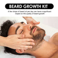Beard Care grooming kit featuring a man with a full dark brown beard receiving a facial massage