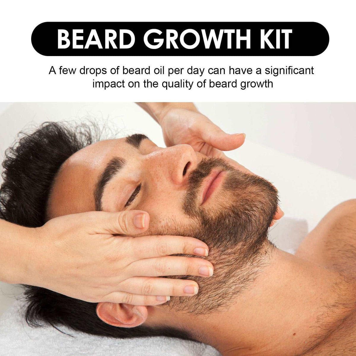 Beard Care grooming kit featuring a man with a full dark brown beard receiving a facial massage