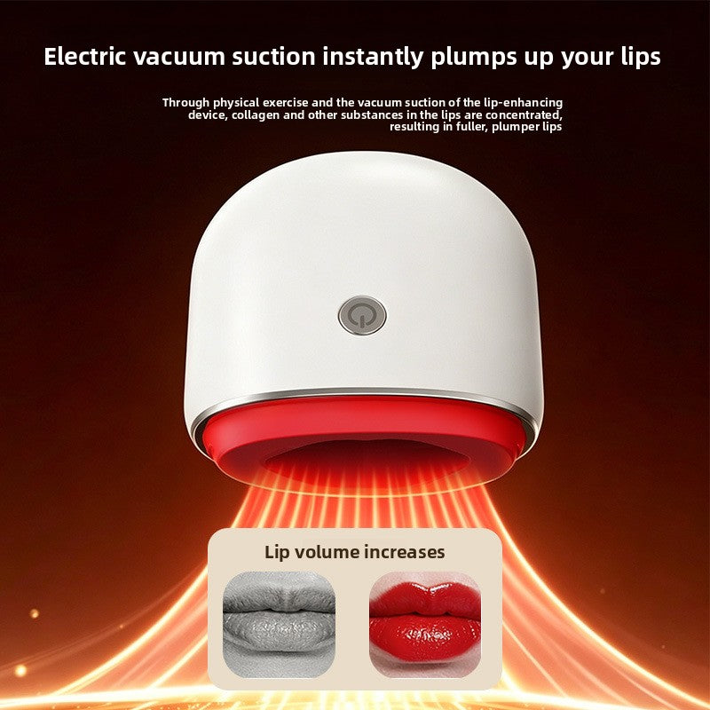 Lip plumping device in white ABS with a red silicone suction rim and a single round power button, Beauty Lip Electric design
