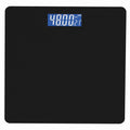 Bluetooth Rechargeable Body Fat Scale in matte black with a blue backlit digital display and rounded corners