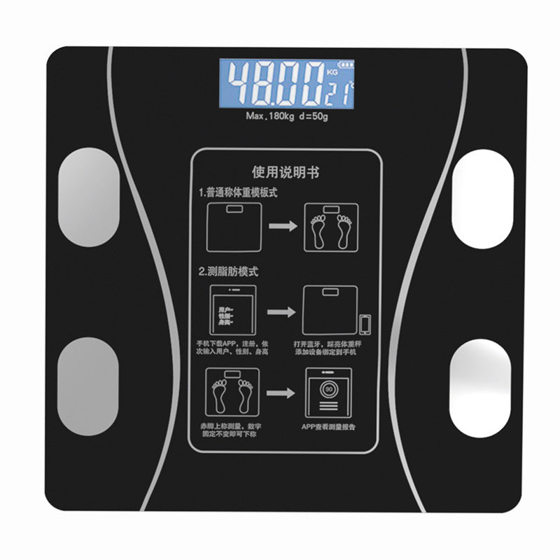 Bluetooth Rechargeable Body Fat Scale with glossy black glass, silver sensor pads, blue digital display and a phone app readout.