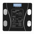 Bluetooth Rechargeable Body Fat Scale, black glass platform with silver sensor pads, blue digital display and printed controls