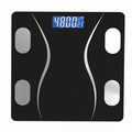 Bluetooth Rechargeable Body Fat Scale in black glass with four silver foot sensors and a blue digital weight display