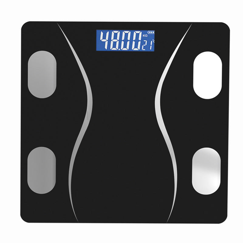 Bluetooth Rechargeable Body Fat Scale in black glass with four silver foot sensors and a blue digital weight display