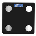 Bluetooth Rechargeable Body Fat Scale in black with a square glass surface, four silver sensor pads and a blue digital display