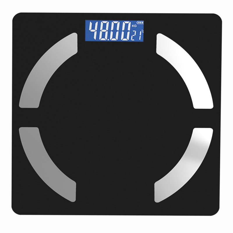 Bluetooth Rechargeable Body Fat Scale with a black glass platform, four silver sensor pads, and blue digital display