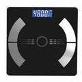Bluetooth Rechargeable Body Fat Scale with a black glass platform, silver sensor panels, and blue digital display