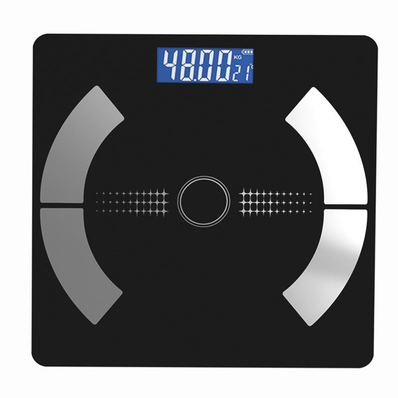 Bluetooth Rechargeable Body Fat Scale with a black glass platform, silver sensor panels, and blue digital display
