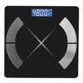 Bluetooth Rechargeable Body Fat Scale with a black glass platform, silver curved sensor panels and blue digital display