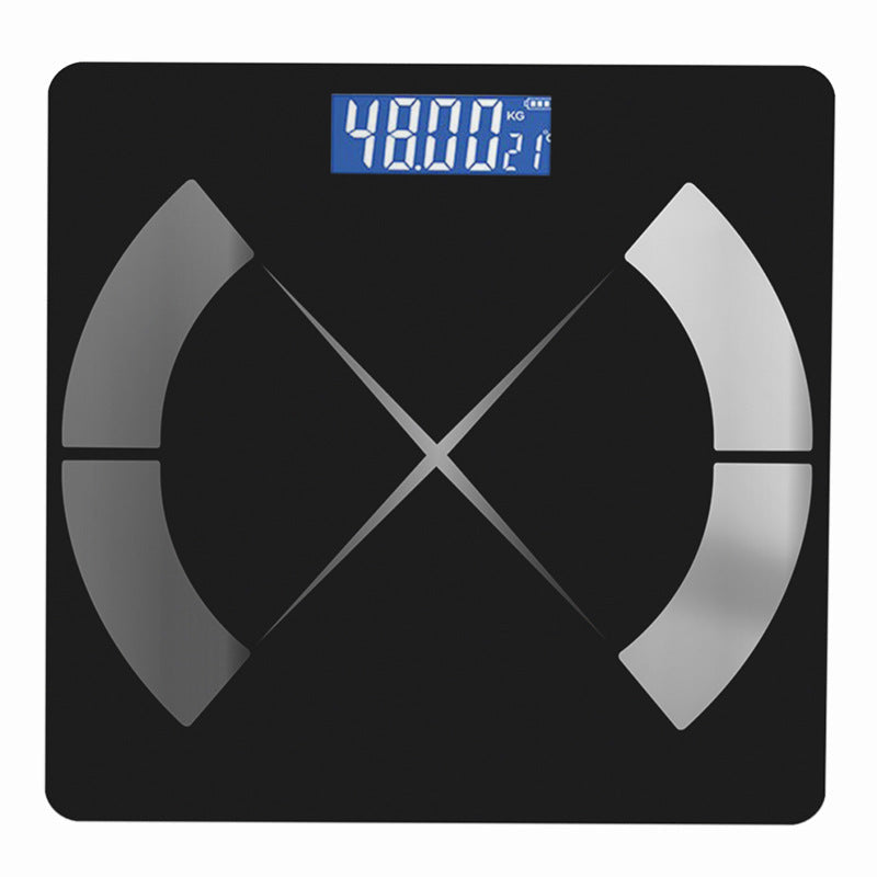 Bluetooth Rechargeable Body Fat Scale with a black glass platform, silver curved sensor panels and blue digital display