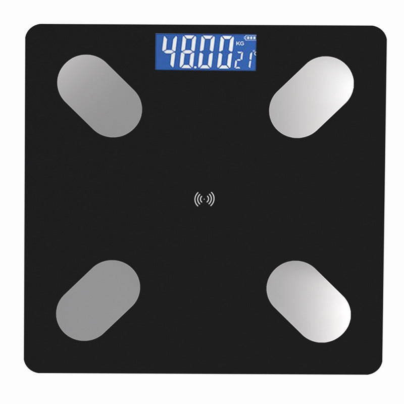 Bluetooth Rechargeable Body Fat Scale with a black glass platform, four silver foot sensors, and blue digital display