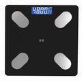 Bluetooth Rechargeable Body Fat Scale with a black glass platform, four silver foot sensors, and blue digital display
