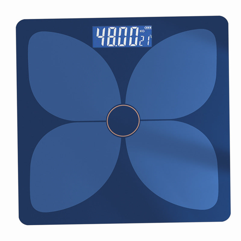 Bluetooth Rechargeable Body Fat Scale in dark blue glass with a four-petal pattern, copper-toned center ring, and digital display