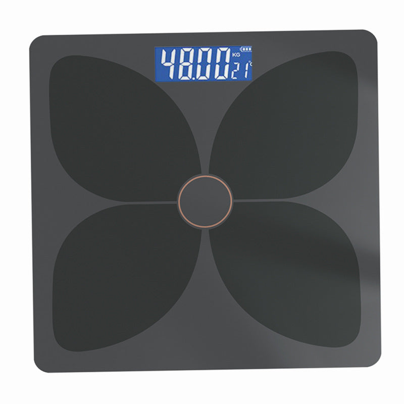 Bluetooth Rechargeable Body Fat Scale in charcoal gray with four dark sensor panels and a blue digital display