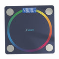 Bluetooth Rechargeable Body Fat Scale in dark navy glass with four silver sensors, a rainbow circular ring and blue digital display.