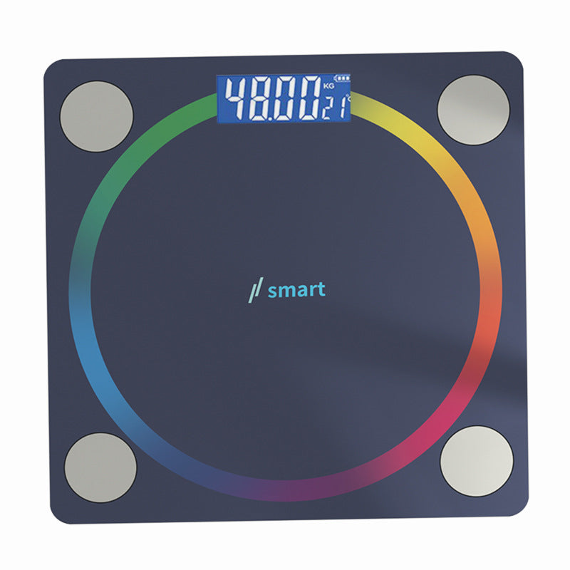 Bluetooth Rechargeable Body Fat Scale in dark navy glass with four silver sensors, a rainbow circular ring and blue digital display.