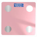 Bluetooth Rechargeable Body Fat Scale with a glossy pink square platform, four circular metallic sensors and blue digital display
