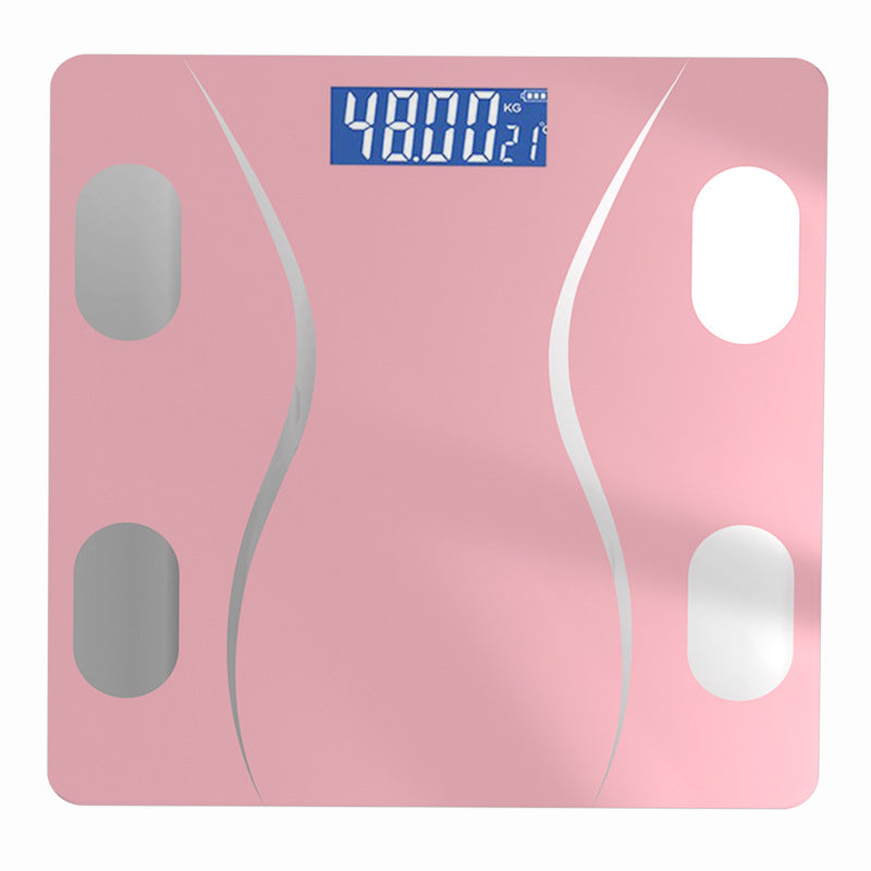 Bluetooth Rechargeable Body Fat Scale in pink glass with four silver sensor pads and a blue digital display