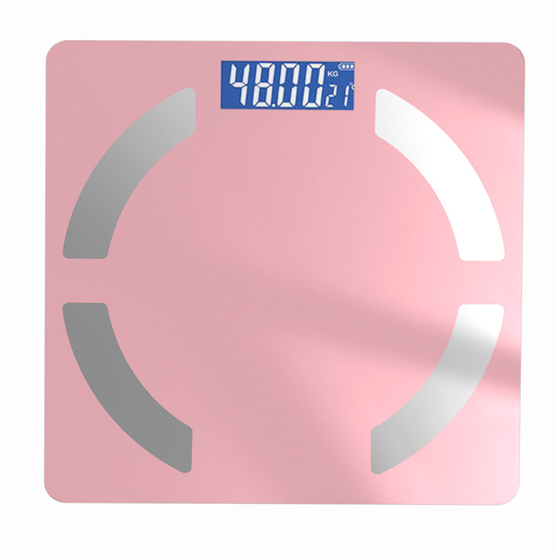Bluetooth Rechargeable Body Fat Scale in glossy pink glass with a blue digital display and four curved silver sensor pads