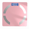 Bluetooth Rechargeable Body Fat Scale in pink glass with four silver sensor pads and a blue digital weight display