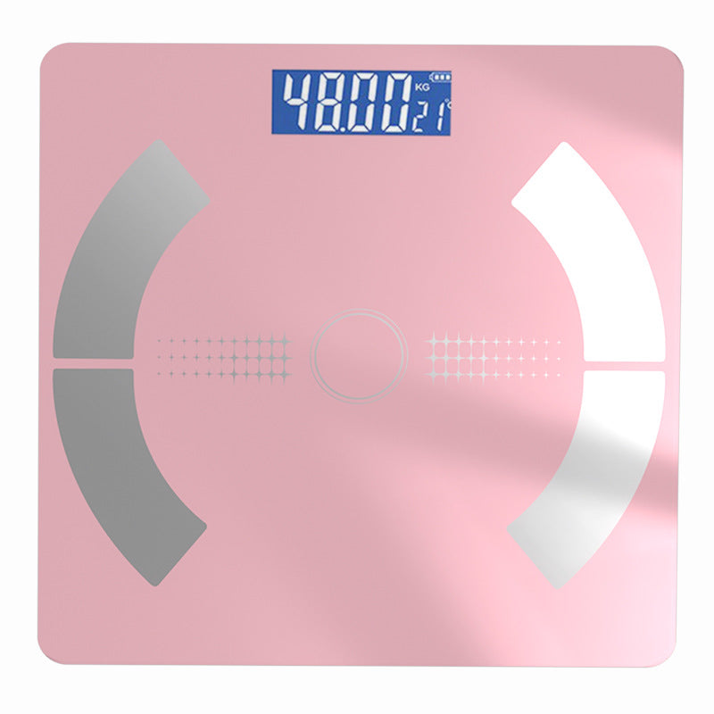 Bluetooth Rechargeable Body Fat Scale in glossy pink glass with silver electrode panels and a blue digital weight display
