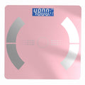 Bluetooth Rechargeable Body Fat Scale with a pink glass platform, digital display, and curved metallic electrode panels.