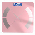 Bluetooth Rechargeable Body Fat Scale in glossy pink glass with contrasting curved foot sensors, crossed center lines, and a digital display