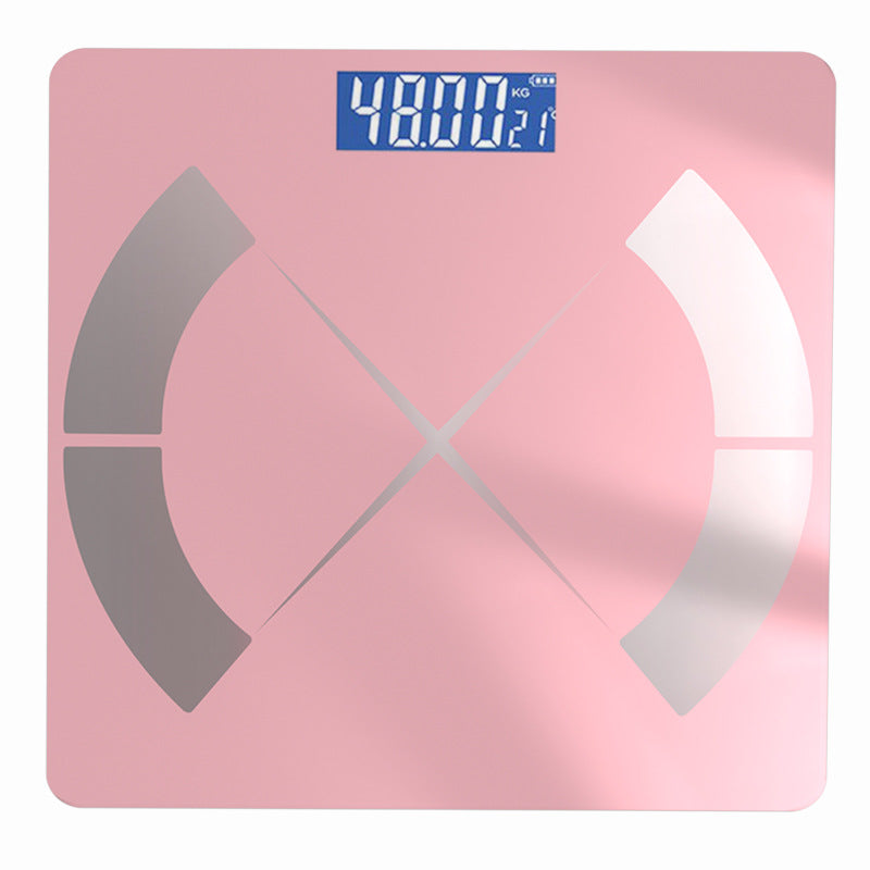Bluetooth Rechargeable Body Fat Scale in glossy pink glass with curved metallic sensor panels and a blue digital display