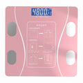 Bluetooth Rechargeable Body Fat Scale in glossy pink glass with curved white accents, four silver sensor pads and a digital display