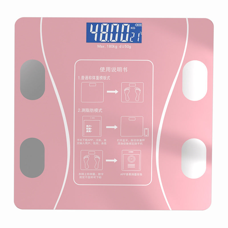Bluetooth Rechargeable Body Fat Scale with a glossy pink glass platform, silver sensor pads and blue digital display