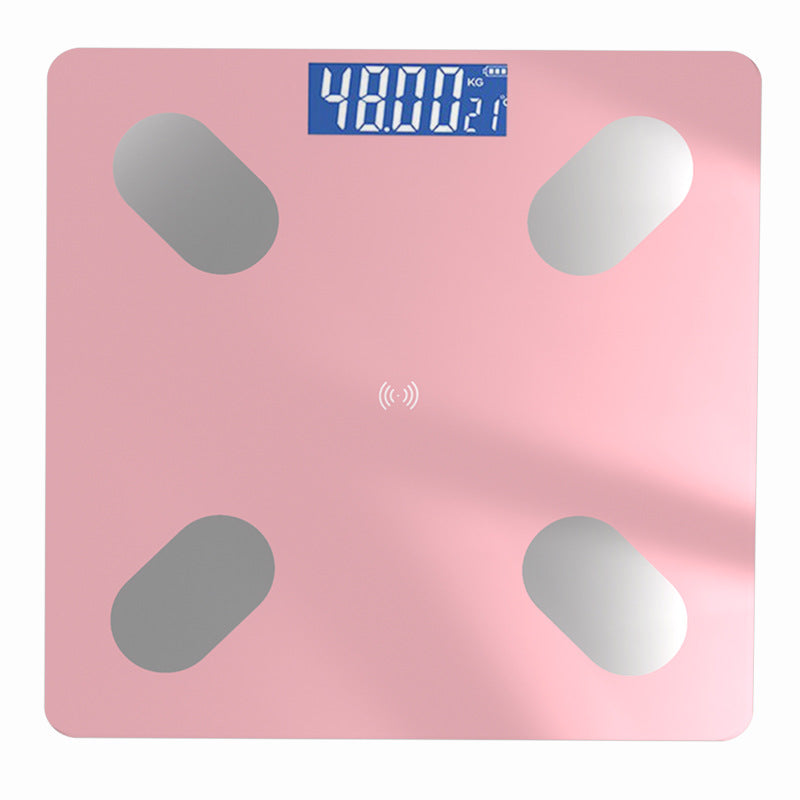 Bluetooth Rechargeable Body Fat Scale with a pink glass platform, four silver sensors, and a blue digital display