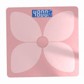 Bluetooth Rechargeable Body Fat Scale in glossy pink with four pale petal-shaped panels, a central circle, and digital display