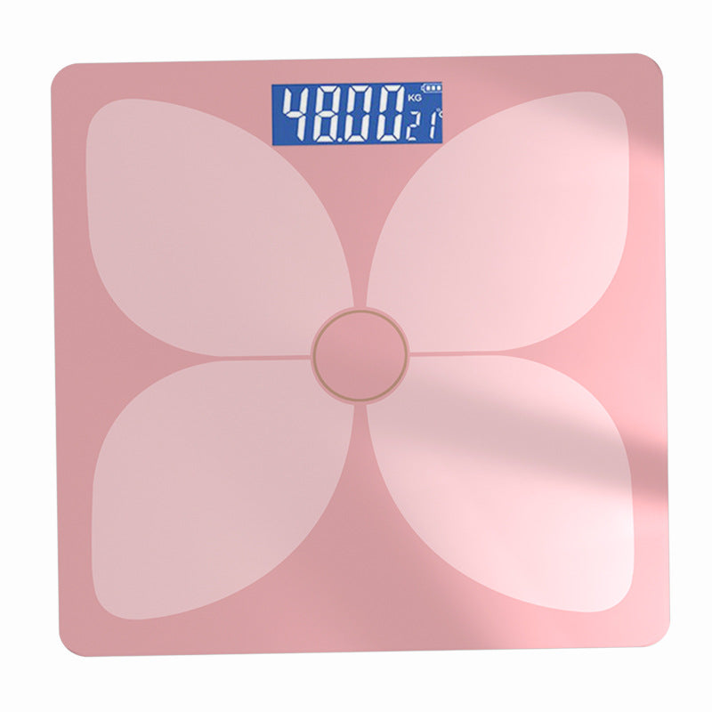 Bluetooth Rechargeable Body Fat Scale in glossy pink with four pale petal-shaped panels, a central circle, and digital display
