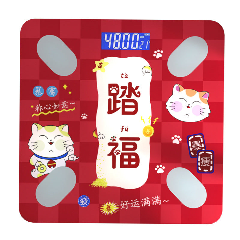 Bluetooth Rechargeable Body Fat Scale with a red checkerboard surface, cartoon lucky cats, Chinese characters and silver foot pads