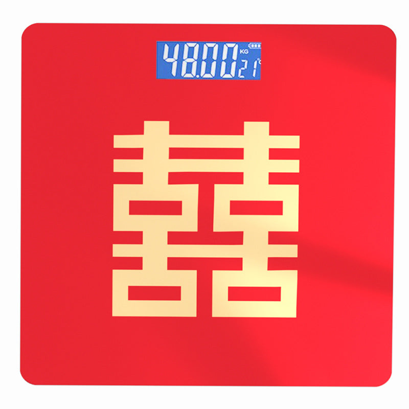 Bluetooth Rechargeable Body Fat Scale with a bright red square surface, cream double-happiness symbol, and blue digital display